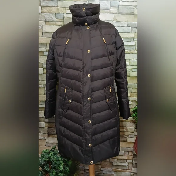 Michael Kors XL Womens Parka Down Filled Brown Quilted Puffer Coat Full Zip - Picture 2 of 9